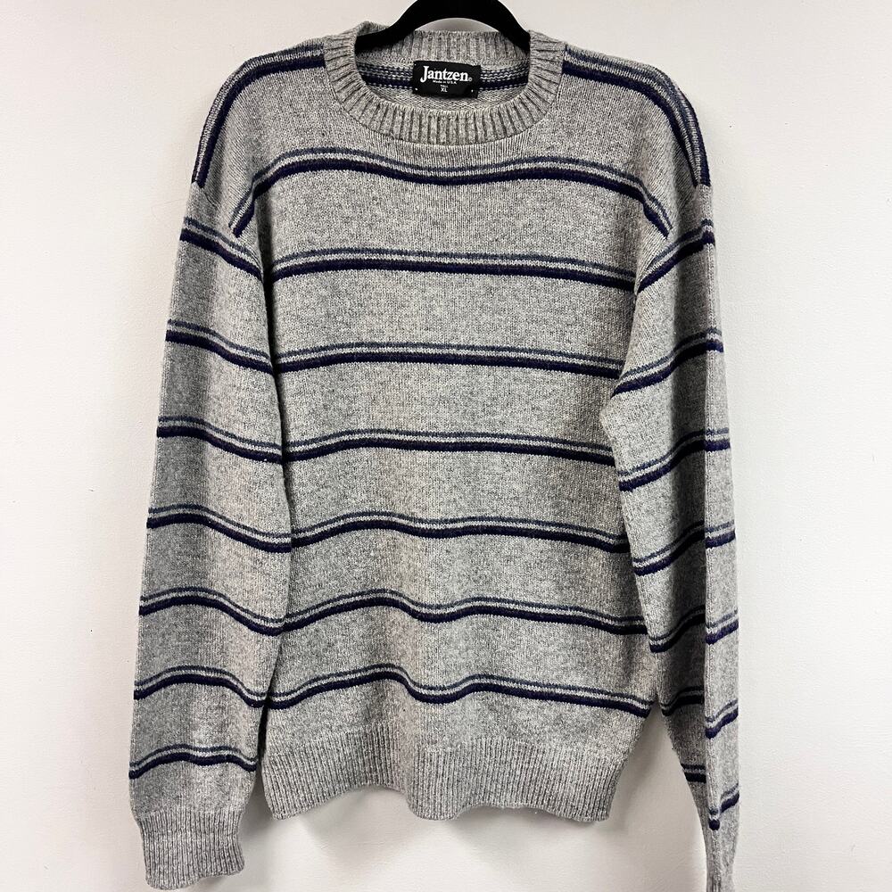 vintage Men's Jantzen XL Tall crew neck sweater gray blue purple stripe knit